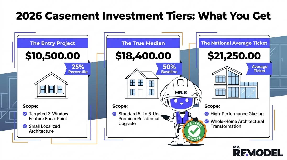 A 2026 window replacement pricing tier graphic breaking down the typical scopes for an entry casement project ($10,500), a true median project ($18,400), and a high-performance architectural cap ($21,250).